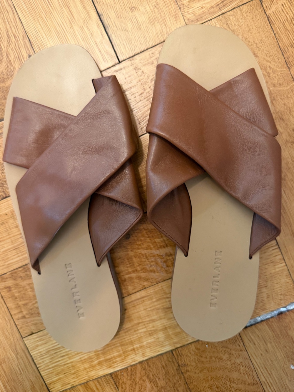 Everlane Brown Leather Crossband Slide Sandals